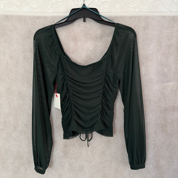 Open Edit | Nordstrom | Green Ruched Long Sleeve Mesh Top - Picture 3 of 4